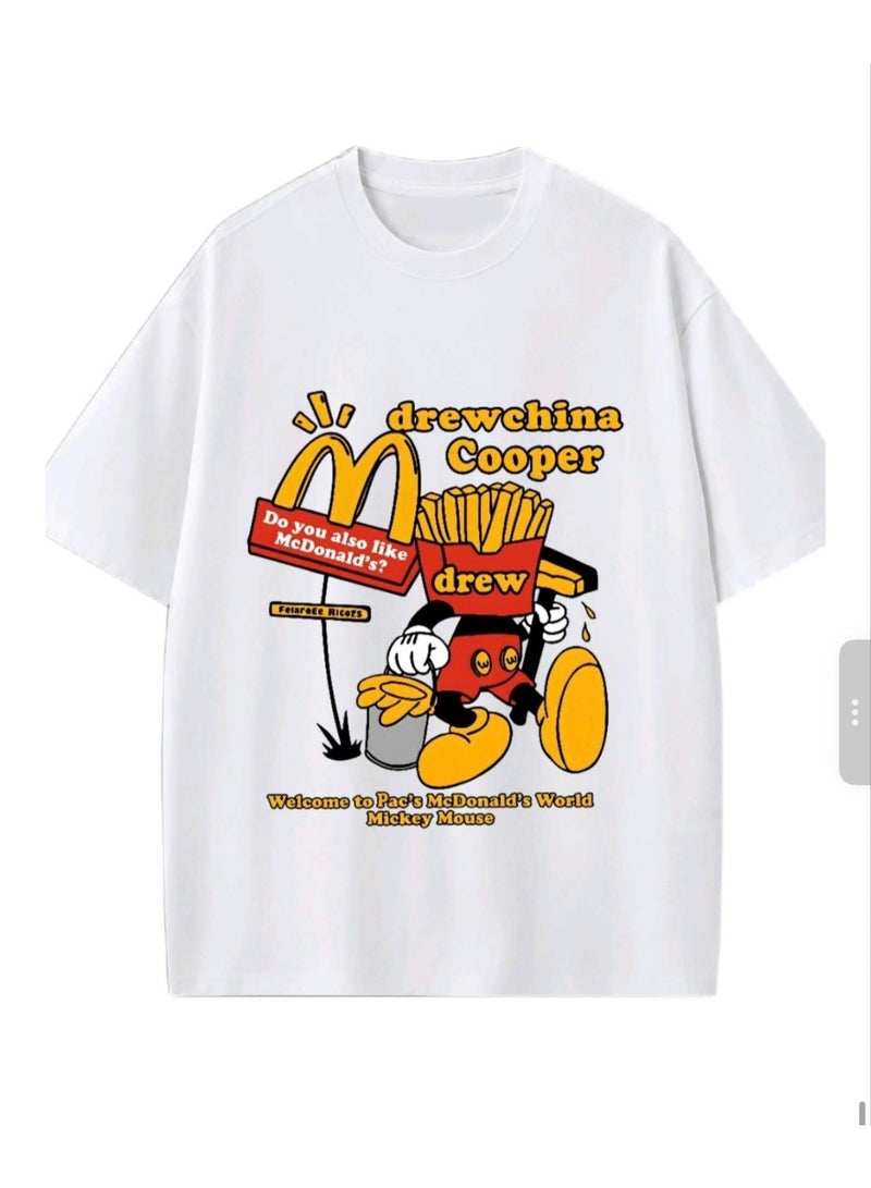 Unisex Casual Crew Neck Short Sleeve T-Shirt with Funny Cartoon Character Meme Print - White - Image 1