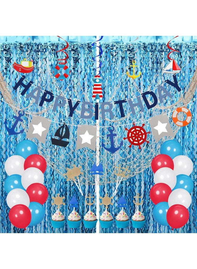 Junkin 59 Pcs Nautical Cruise Birthday Party Decorations Include Fish Net, Sailing Swirls, Nautical Banner, Cake Topper, Foil Fringe Curtains and Latex Balloons for Boys Girls Summer Events Party - Image 1