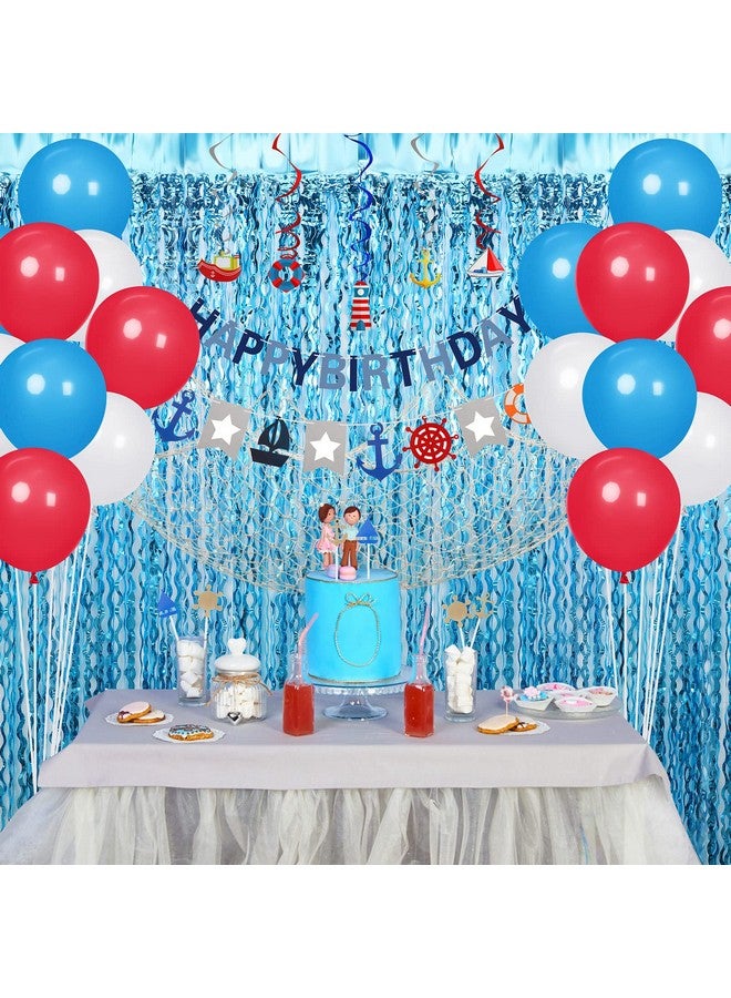 Junkin 59 Pcs Nautical Cruise Birthday Party Decorations Include Fish Net, Sailing Swirls, Nautical Banner, Cake Topper, Foil Fringe Curtains and Latex Balloons for Boys Girls Summer Events Party - Image 2