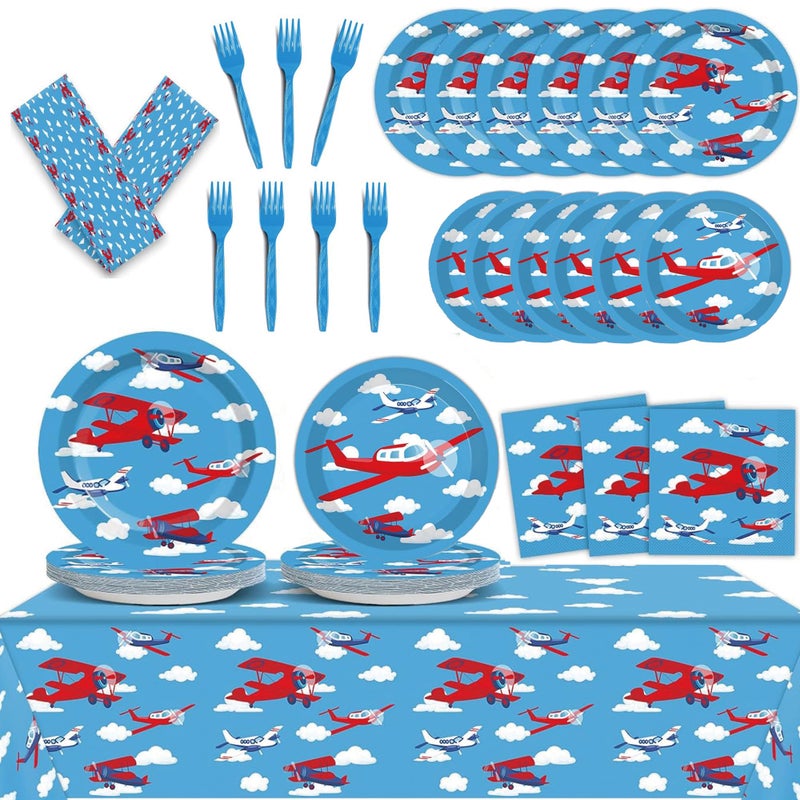 98 pieces Airplane Birthday Party Decorations Supplies Airplane Party Plates and Napkins Plane Theme Paper Tableware Set Tablecloth Baby Shower for 24 Guests 1st Birthday Helicopter Favors for Kids