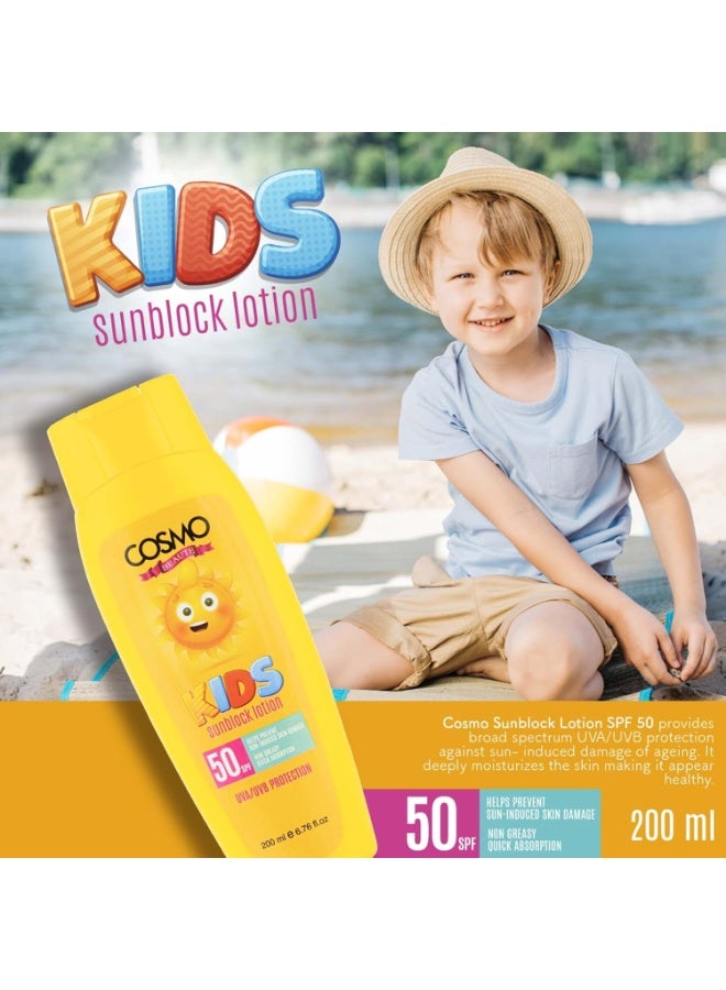 كوزمو لوشن بيتيو كيدز للوقاية من الشمس بعامل حماية 50 من الأشعة فوق البنفسجية الطويلة والمتوسطة يساعد على منع تلف الجلد الناتج عن الشمس 200 مل - Image 3