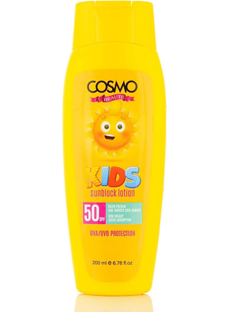 كوزمو لوشن بيتيو كيدز للوقاية من الشمس بعامل حماية 50 من الأشعة فوق البنفسجية الطويلة والمتوسطة يساعد على منع تلف الجلد الناتج عن الشمس 200 مل - Image 1