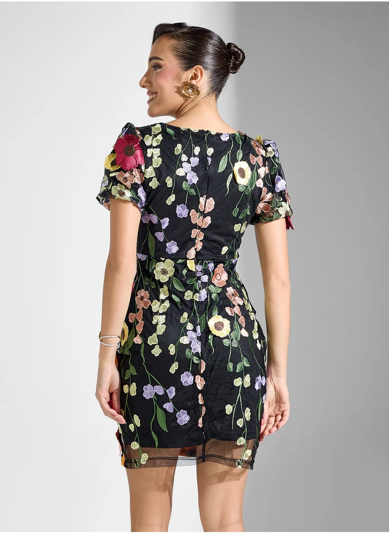 Ginger Boutique Plunge Neck Floral Applique Embellished Dress