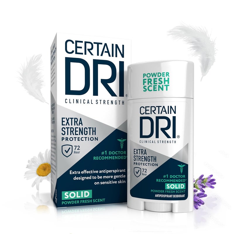 CERTAIN DRI Certain Dri Extra Strength Clinical Solid Antiperspirant, Hyperhidrosis Treatment for Men & Women, Long-Lasting 72hr Protection, Effective Sweat Control, Travel Friendly, Powder Fresh Scent, 1.7oz 