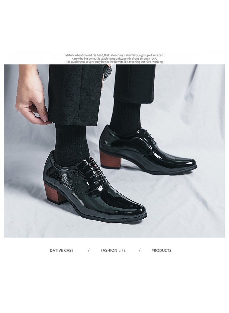 Loquat Men's Lace Up Raised Pointed Leather Shoes Glossy Leather Black  - Image 2