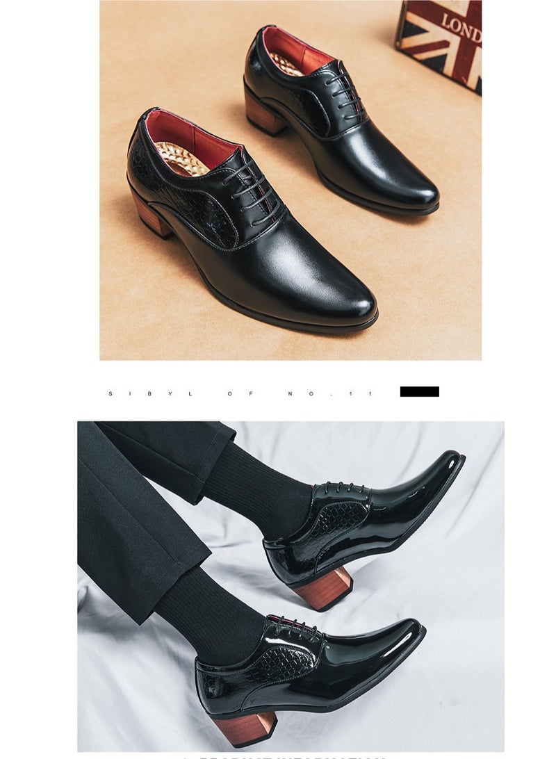 Loquat Men's Lace Up Raised Pointed Leather Shoes Glossy Leather Black  - Image 3