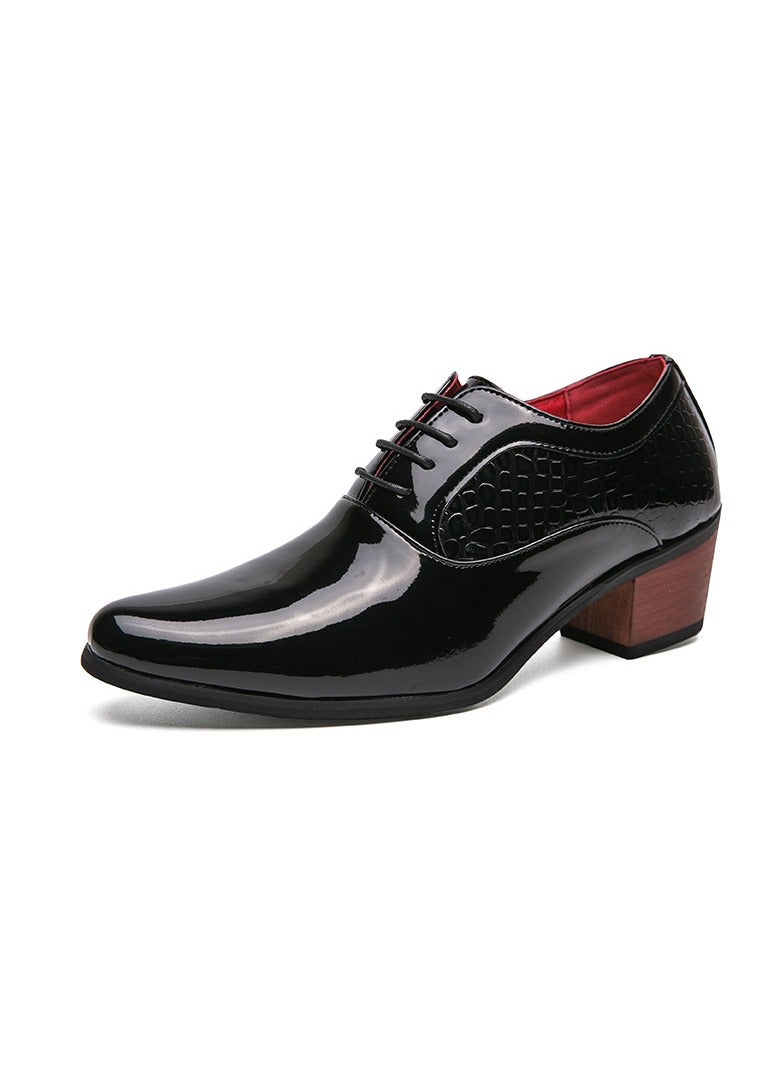 Loquat Men's Lace Up Raised Pointed Leather Shoes Glossy Leather Black  - Image 1