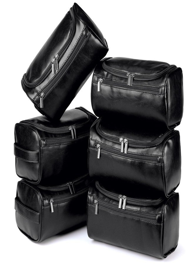 Aliceset 6 Pcs Groomsmen Gift Groomsmen Toiletry Bags Set of 6 Leather Toiletry Bag for Men with Hook Leather Wedding Proposal Bag with Side Handle Father Gift(Black) - Image 1
