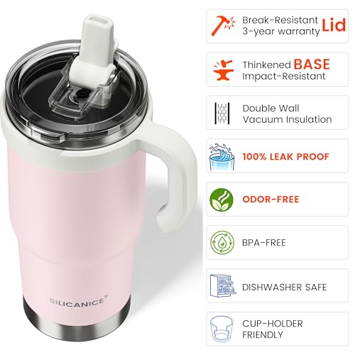 SILICANICE For Iced Coffee & Smoothies – Never Drink from a Moldy Lid Again: 24oz Hygienic Tumbler, 100% Leakproof Lid & Removable Foldable Spout. Reinforced Base, Fits Cup Holders-Pink sand - Image 5