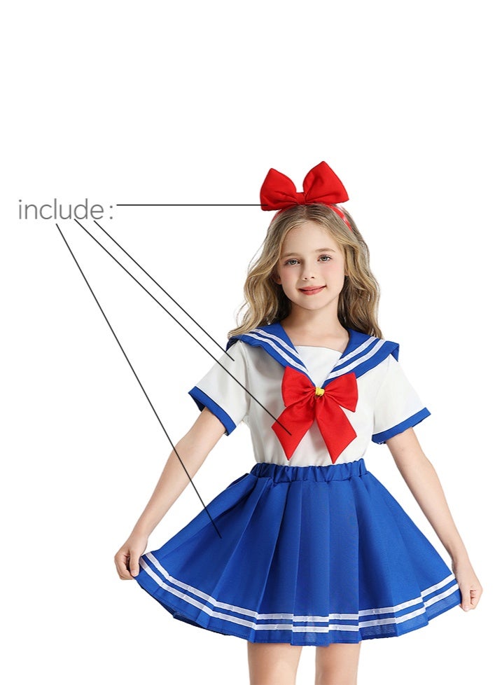 liannaner Girls Sailor School Uniform Costume, Blue and White Pleated Skirt with Red Bow, with Headwear,Short Sleeve, Kids Cosplay and Halloween Outfit, Ages 4-12 - Image 4