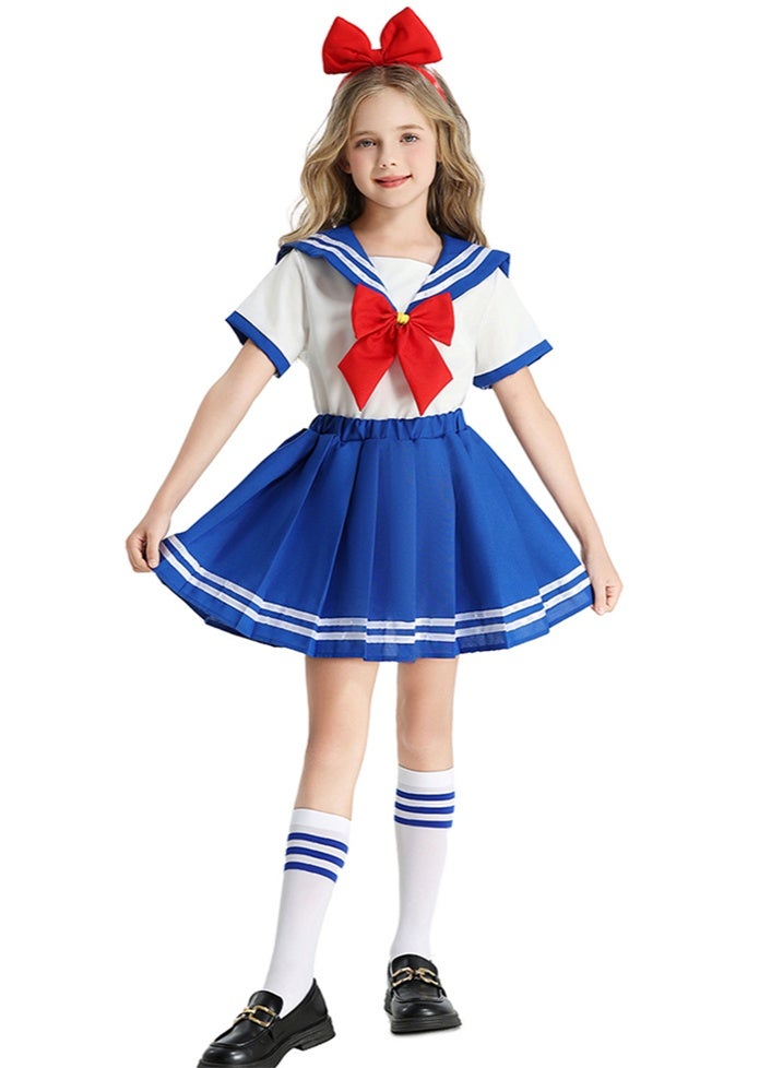 liannaner Girls Sailor School Uniform Costume, Blue and White Pleated Skirt with Red Bow, with Headwear,Short Sleeve, Kids Cosplay and Halloween Outfit, Ages 4-12 - Image 2