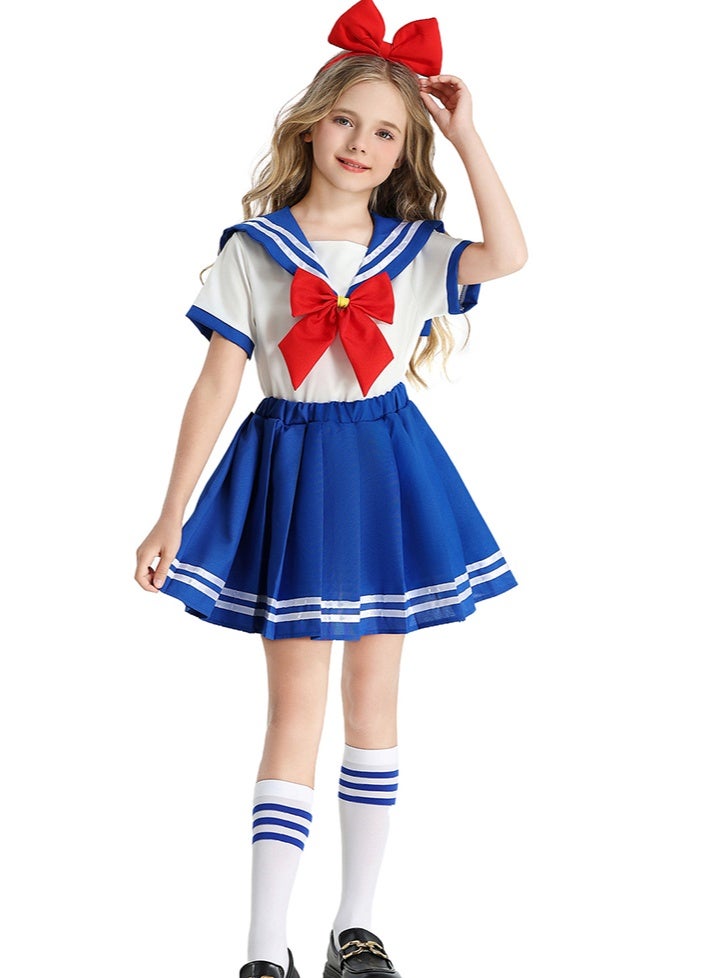 liannaner Girls Sailor School Uniform Costume, Blue and White Pleated Skirt with Red Bow, with Headwear,Short Sleeve, Kids Cosplay and Halloween Outfit, Ages 4-12 - Image 5