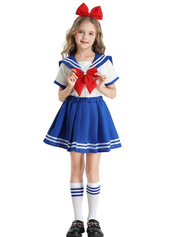 liannaner Girls Sailor School Uniform Costume, Blue and White Pleated Skirt with Red Bow, with Headwear,Short Sleeve, Kids Cosplay and Halloween Outfit, Ages 4-12 - Image 1
