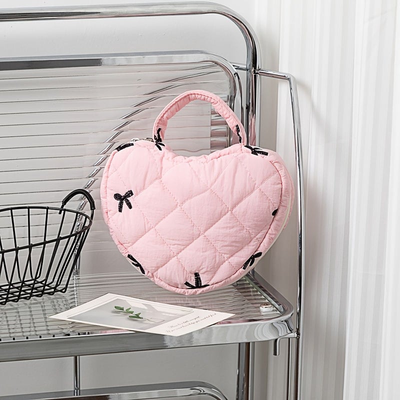 Blue Bow on White Quilted Makeup Bag Large Capacity Cosmetic Organizer Travel Handbag - Image 5