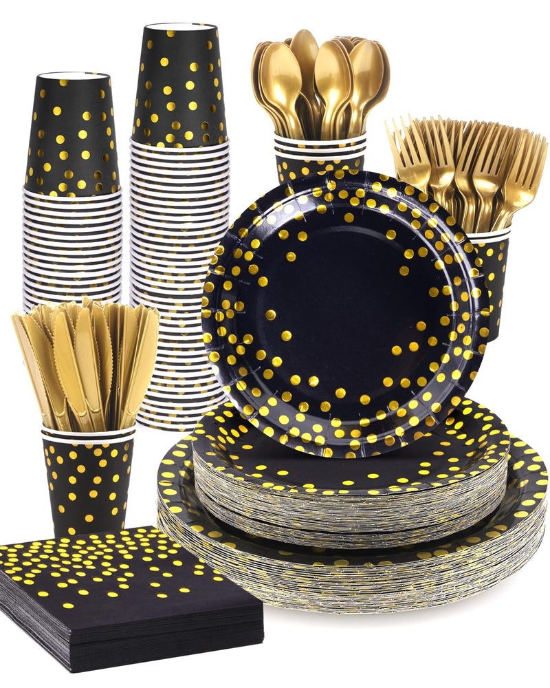 Lzerking 364 PCS Black and Gold Party Supplies  52 Sets of Disposable Dinnerware Includes Paper Plates Cups Napkins  Plastic Knives Forks Spoons  Ideal for Birthday Graduation Wedding Festivals - Image 1
