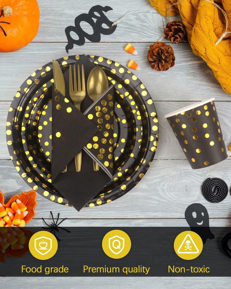 Lzerking 364 PCS Black and Gold Party Supplies  52 Sets of Disposable Dinnerware Includes Paper Plates Cups Napkins  Plastic Knives Forks Spoons  Ideal for Birthday Graduation Wedding Festivals - Image 2