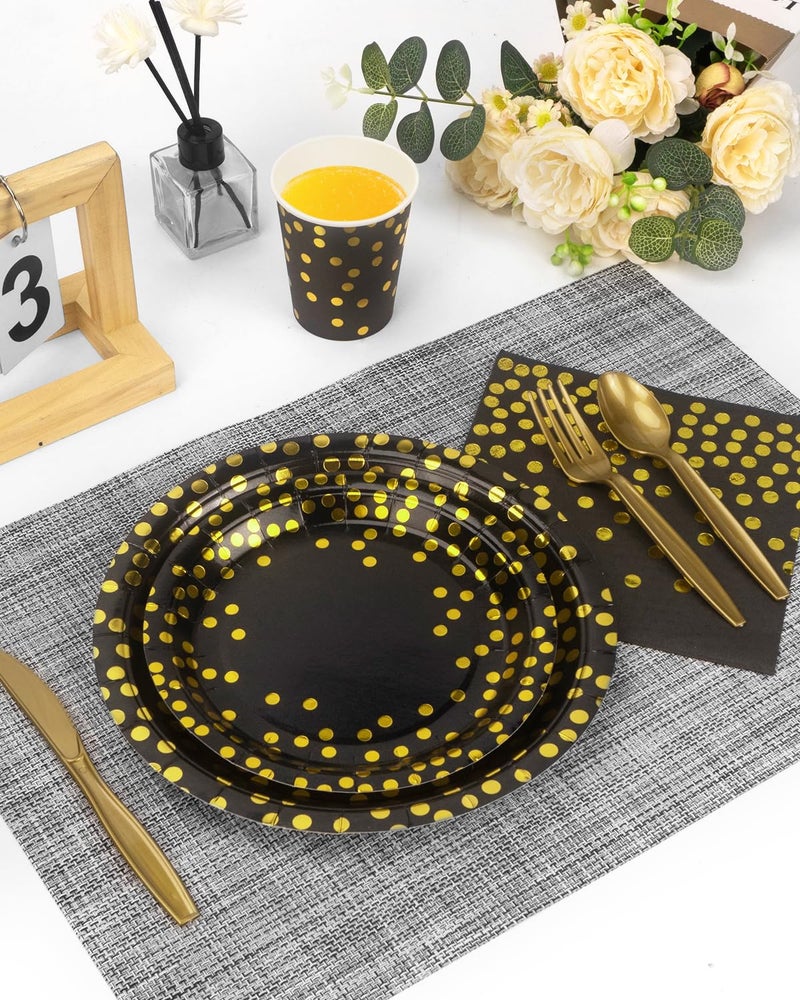 Lzerking 364 PCS Black and Gold Party Supplies  52 Sets of Disposable Dinnerware Includes Paper Plates Cups Napkins  Plastic Knives Forks Spoons  Ideal for Birthday Graduation Wedding Festivals - Image 3