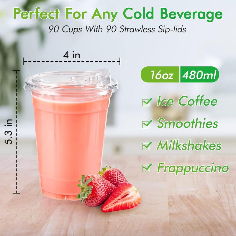 Lilymicky 16oz Clear Plastic Drinking Cups (90 Pack) with Strawless Sip Lids, Disposable Cups for Iced Coffee, Smoothie, Slurpee, or Any Cold Drinks - Image 2