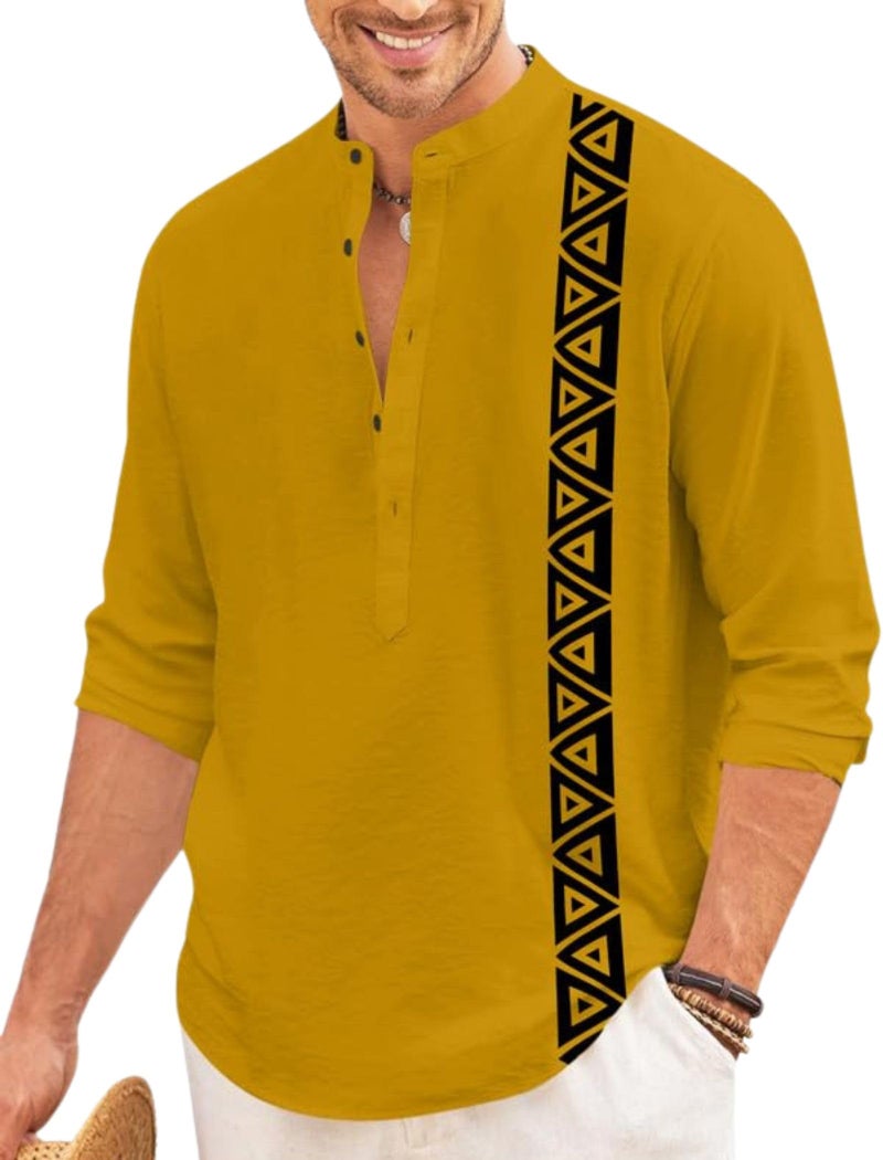 FINIVO FASHION Men’s Short Kurta with Printed Geometric Side Panel | Cotton Blend Full Sleeve Ethnic Topwear with Mandarin Collar | Stylish Indo-Fusion Kurta for Daily, Festive, or Casual Wear Gold - Image 1