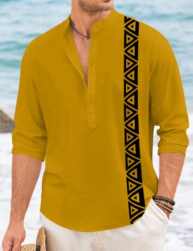 FINIVO FASHION Men’s Short Kurta with Printed Geometric Side Panel | Cotton Blend Full Sleeve Ethnic Topwear with Mandarin Collar | Stylish Indo-Fusion Kurta for Daily, Festive, or Casual Wear Gold - Image 4