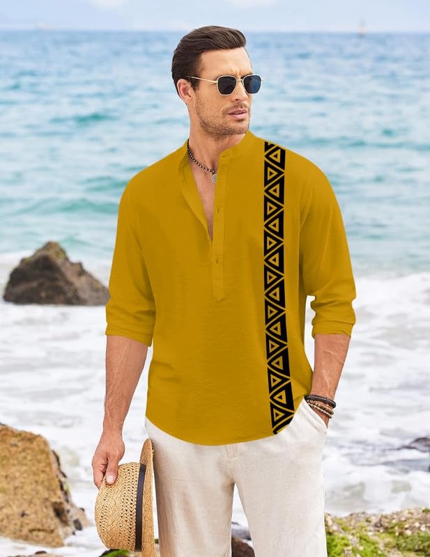 FINIVO FASHION Men’s Short Kurta with Printed Geometric Side Panel | Cotton Blend Full Sleeve Ethnic Topwear with Mandarin Collar | Stylish Indo-Fusion Kurta for Daily, Festive, or Casual Wear Gold - Image 3