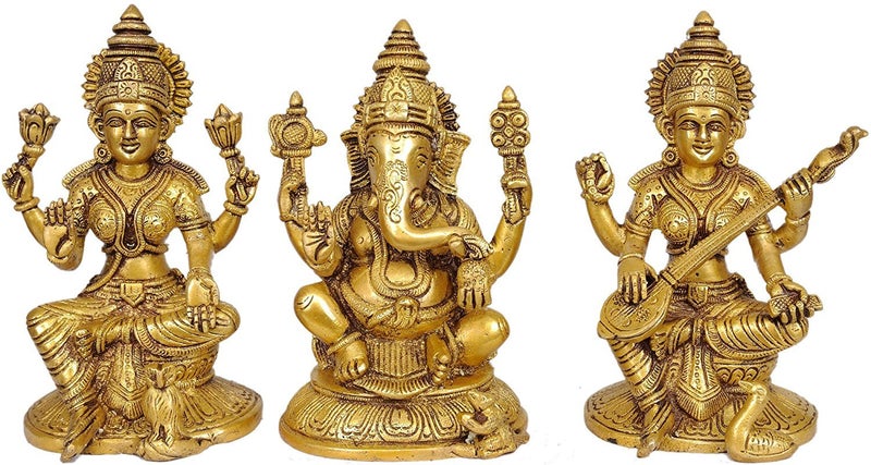 Idol Collections Brass Lakshmi Ganesha Ganesh Murti Idol Statue Saraswati - Brass StatueHeight 6.7 inch - Image 2