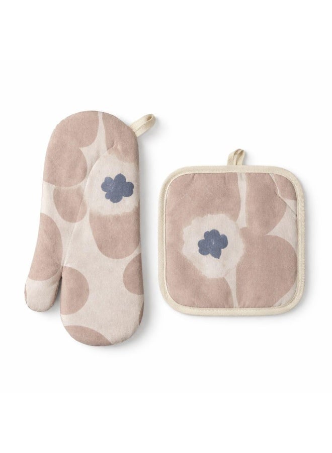 Heat Resistant Oven Mitt And Pot Holder Set 2 Pieces Cotton And Polyester Insulated Kitchen Oven Gloves With Quilted Padding 25 x 15 cm Mitt 17 x 17 cm Pot Holder (Beige) - Image 1