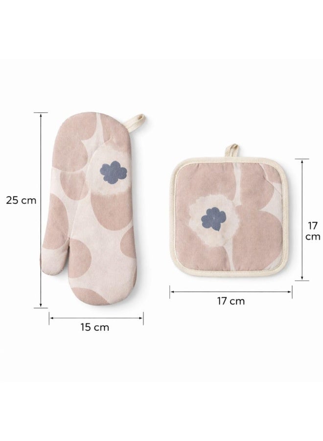 Heat Resistant Oven Mitt And Pot Holder Set 2 Pieces Cotton And Polyester Insulated Kitchen Oven Gloves With Quilted Padding 25 x 15 cm Mitt 17 x 17 cm Pot Holder (Beige) - Image 3