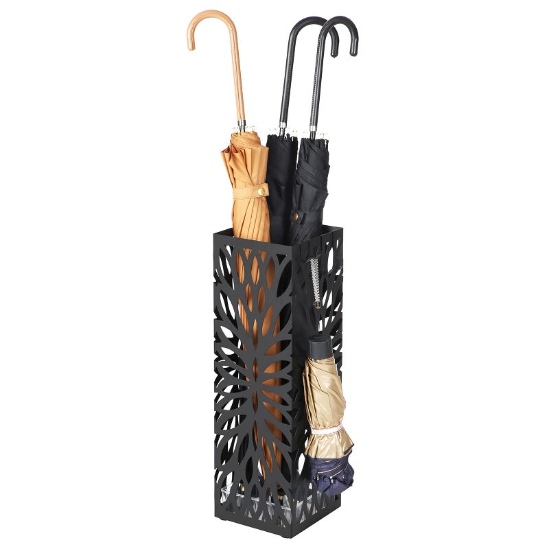 SONGMICS SONGMICS Umbrella Stand Umbrella Holder for Entryway Steel Square Umbrella Rack Organizer Freestanding for Canes Walking Sticks with a Detachable Drip Tray 4 Hooks Black ULUC48B