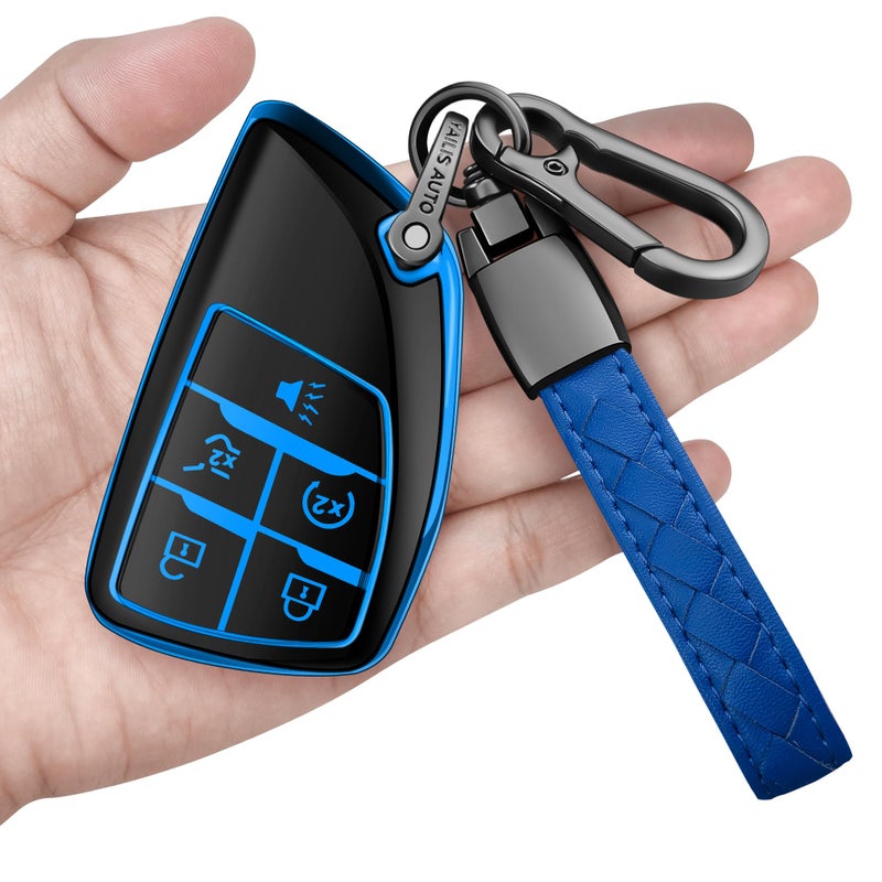 Sindeda for Chevy Key Fob Cover with Keychain Soft TPU Protection Case Compatible with 2021-2026 Chevrolet Equinox Blazer Tahoe Suburban GMC Yukon Denali Silverado 5-Buttons (Blue) - Image 1