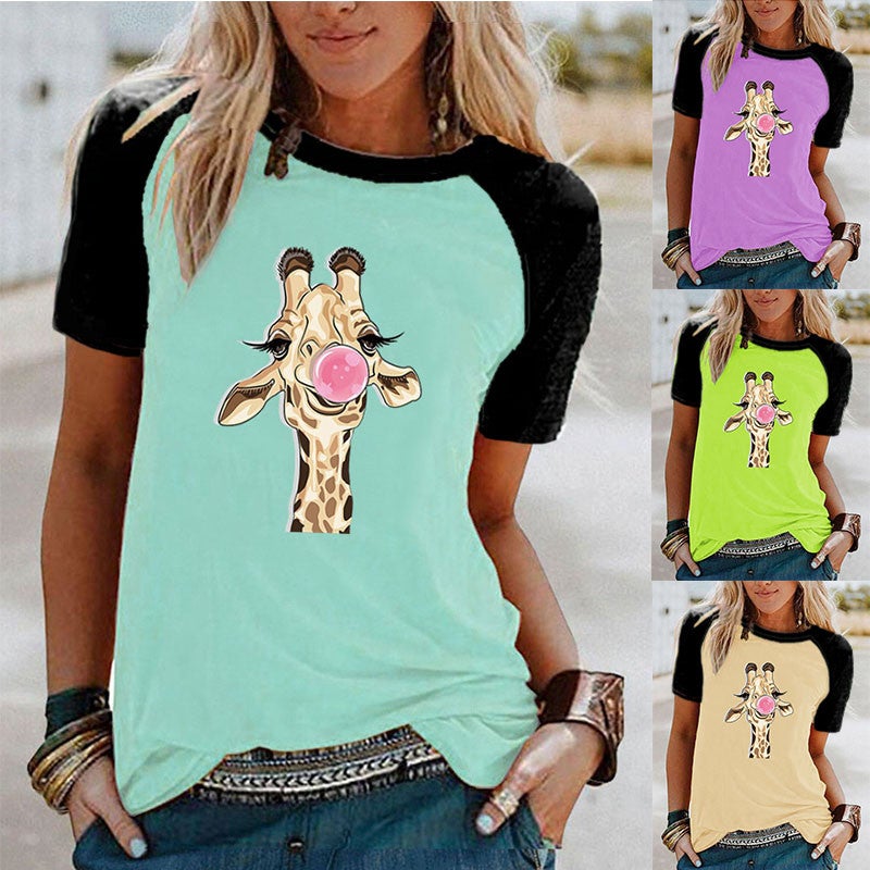 Wish Fun Giraffe Pattern Printed Raglan Contrast Short Sleeve T-Shirt - Image 2