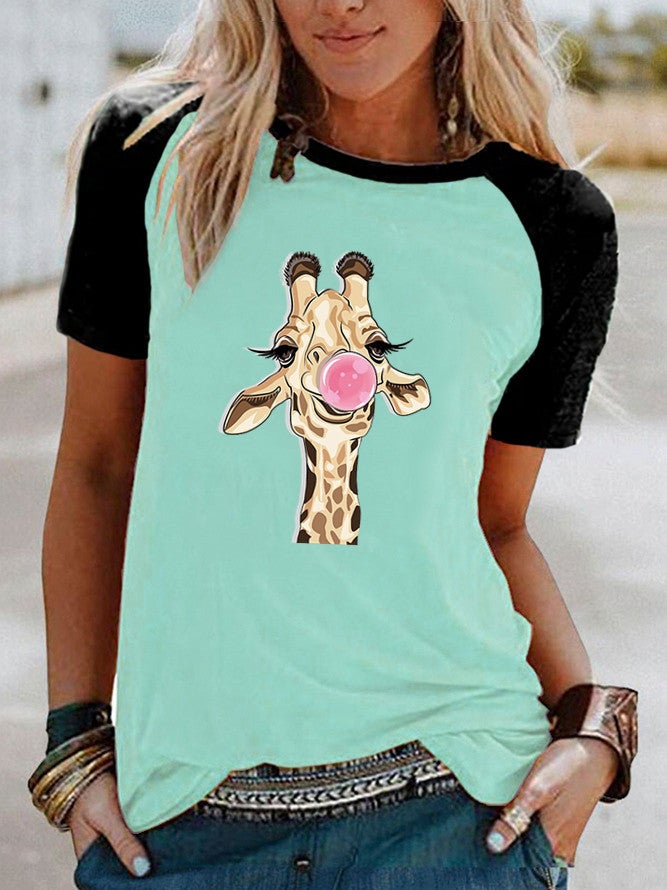 Wish Fun Giraffe Pattern Printed Raglan Contrast Short Sleeve T-Shirt - Image 1