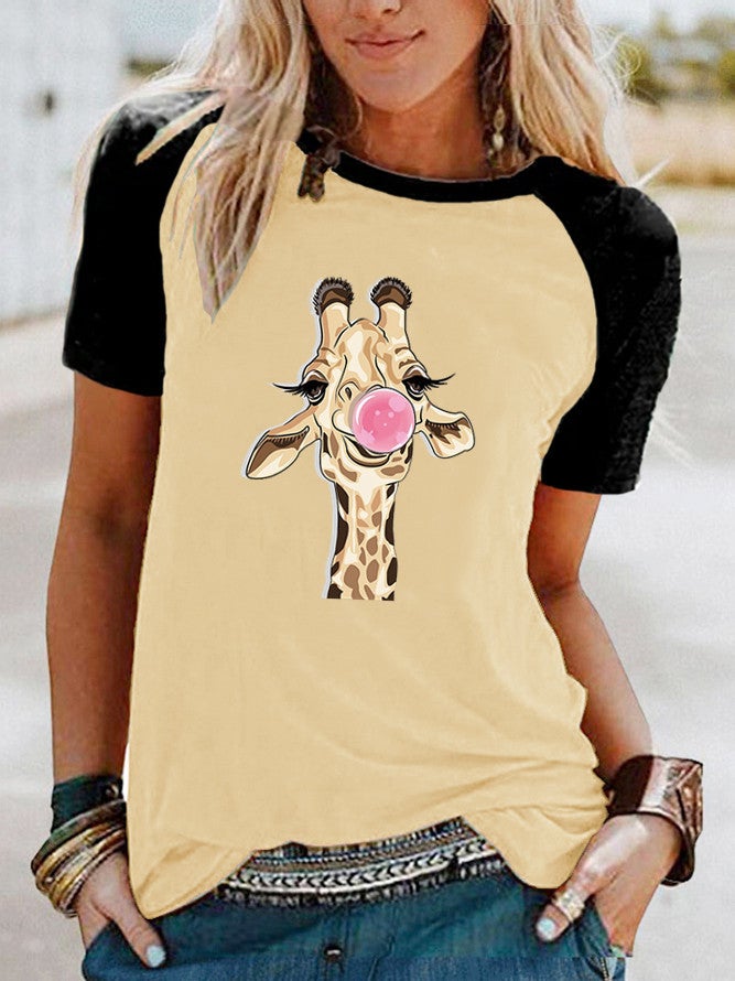 Wish Fun Giraffe Pattern Printed Raglan Contrast Short Sleeve T-Shirt - Image 3