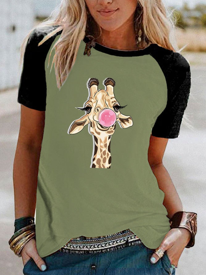 Wish Fun Giraffe Pattern Printed Raglan Contrast Short Sleeve T-Shirt - Image 4