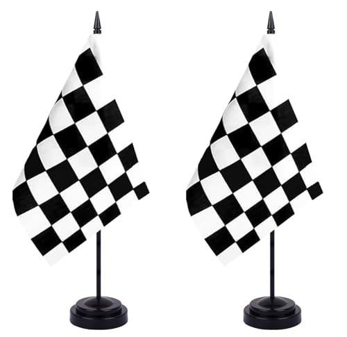 WXTWK 2 Pack Checkered Black and White Racing Flag Race Car Deluxe Desk Flag Set - Mini Small Racing Table Office Flags with Black 12" Solid Pole Stand Base Decorations - Image 1