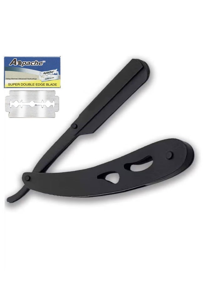 APACHE Professional Cutting Straight Razor, Single Blade Barber Quality Beard and Mustache Razor Black (comes with a box of 5 blades) - Image 1