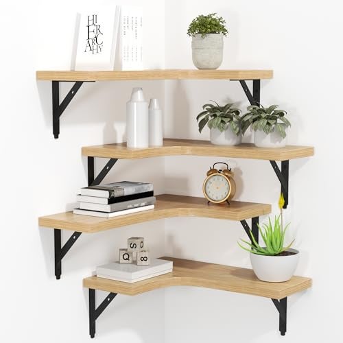 ROMGUAR CRAFT Corner Floating Shelves Wall Mounted Set of 4 Rustic Wood Storage Display Wall Shelves for Home Decor Bathroom Kitchen Bedroom Living Room Office Natural