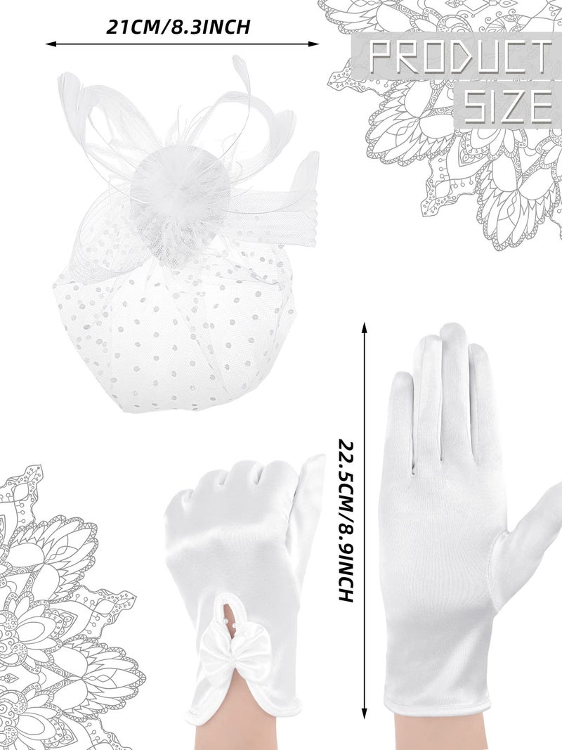 Geyoga 50s Fascinator Hat for Women Funeral Veil Hat Pillbox Cocktail Tea Party Headpiece and Lace Glove(White,Elegant Style) - Image 3