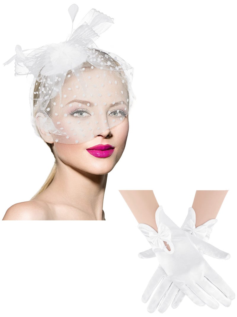Geyoga 50s Fascinator Hat for Women Funeral Veil Hat Pillbox Cocktail Tea Party Headpiece and Lace Glove(White,Elegant Style) - Image 1