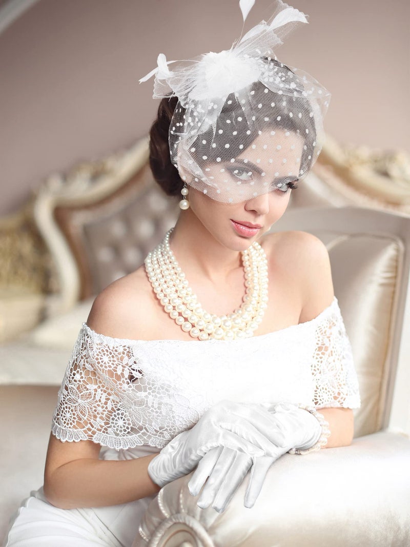 Geyoga 50s Fascinator Hat for Women Funeral Veil Hat Pillbox Cocktail Tea Party Headpiece and Lace Glove(White,Elegant Style) - Image 4