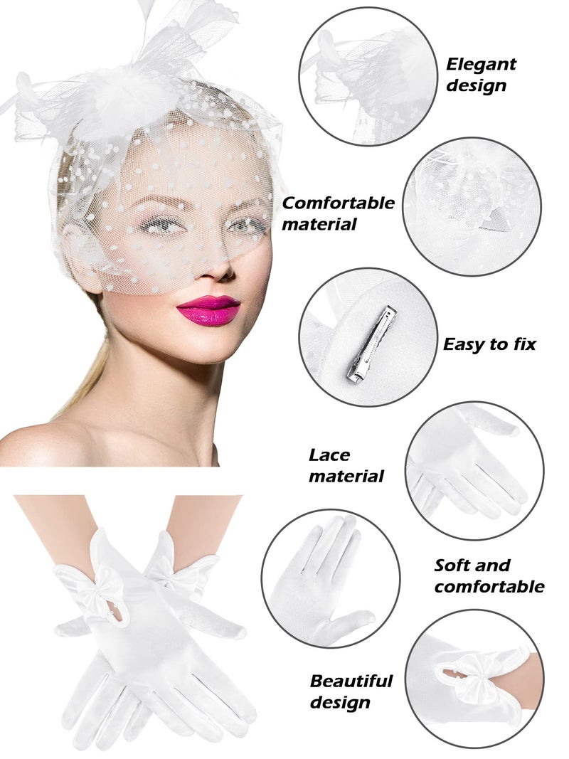 Geyoga 50s Fascinator Hat for Women Funeral Veil Hat Pillbox Cocktail Tea Party Headpiece and Lace Glove(White,Elegant Style) - Image 5
