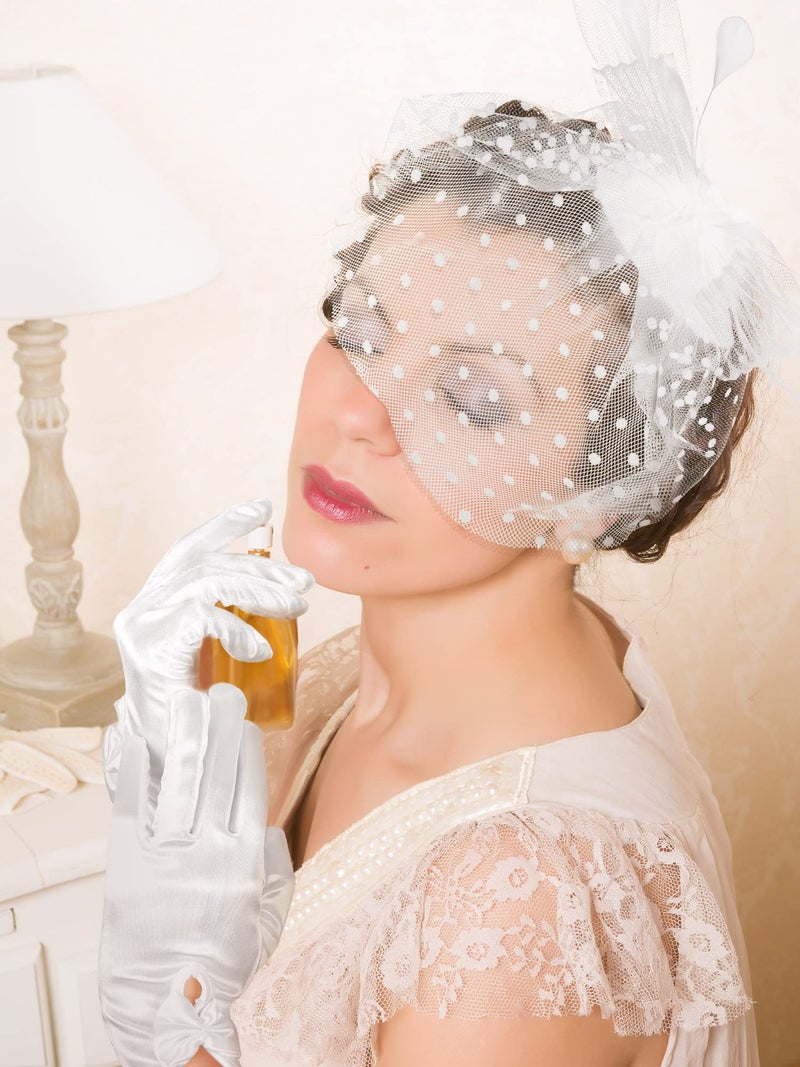 Geyoga 50s Fascinator Hat for Women Funeral Veil Hat Pillbox Cocktail Tea Party Headpiece and Lace Glove(White,Elegant Style) - Image 2