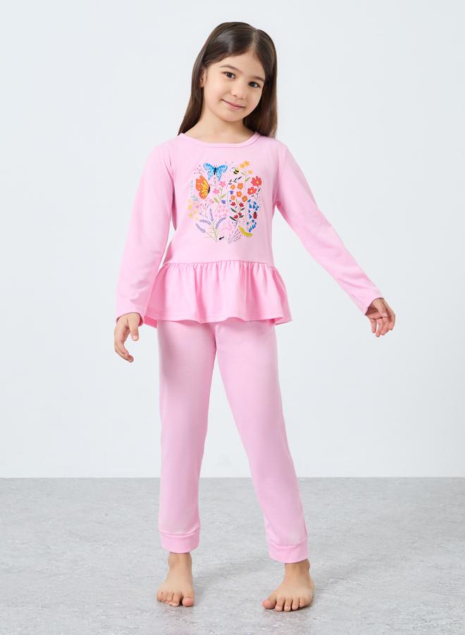 Styli Pink Graphic Print Long Sleeve Top and Pyjama Set - Image 1
