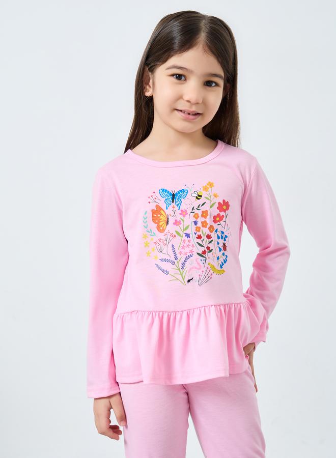 Styli Pink Graphic Print Long Sleeve Top and Pyjama Set - Image 2