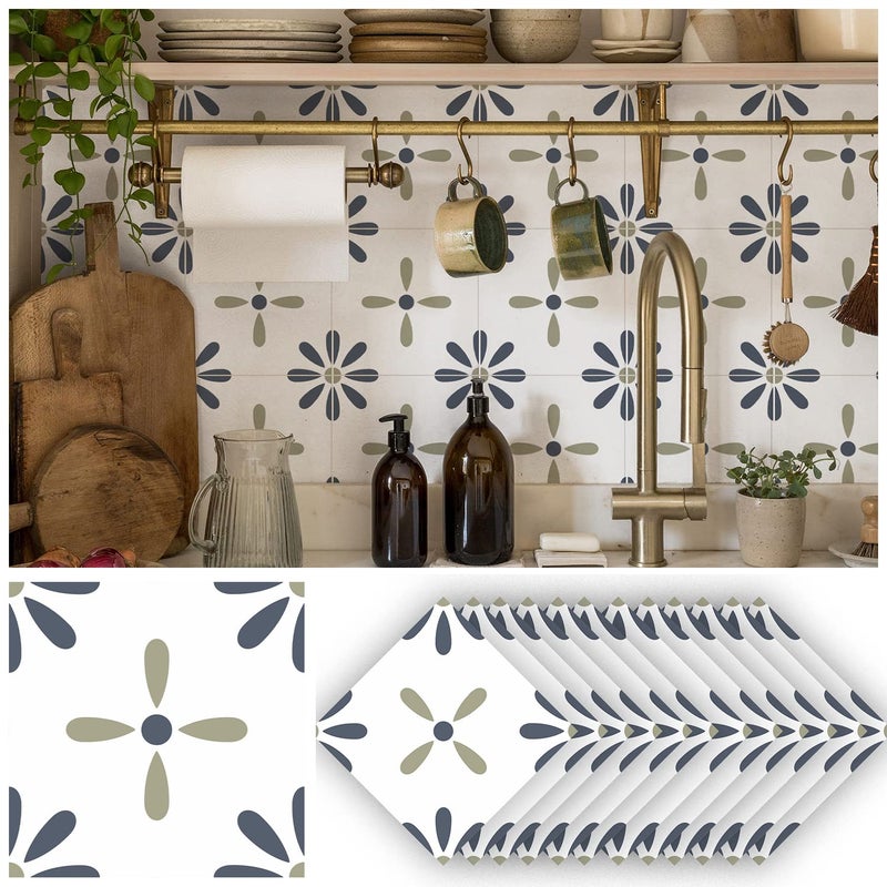 Alwayspon 12Pcs Retro Floral Matte Wall Tile Sticker Transfer Peel and Stick  Self-Adhesive Vinyl Backsplsh Tile Decals for Kitchen Bathroom  15x15CM/6x6Inch  Blue and Green T103 - Image 5