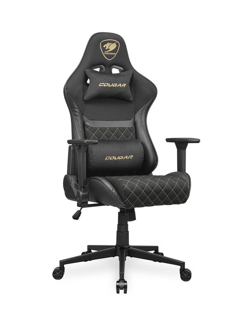 Cougar Armor One V2 F Gaming Chair, Woven Fabric Surface, 4D Folding Armrests, 155° Reclining, Piston Lift Height Adjustment, Up to 120kg Weight Support, Black / Gold | 3MA2FGLB.0001 - Image 1