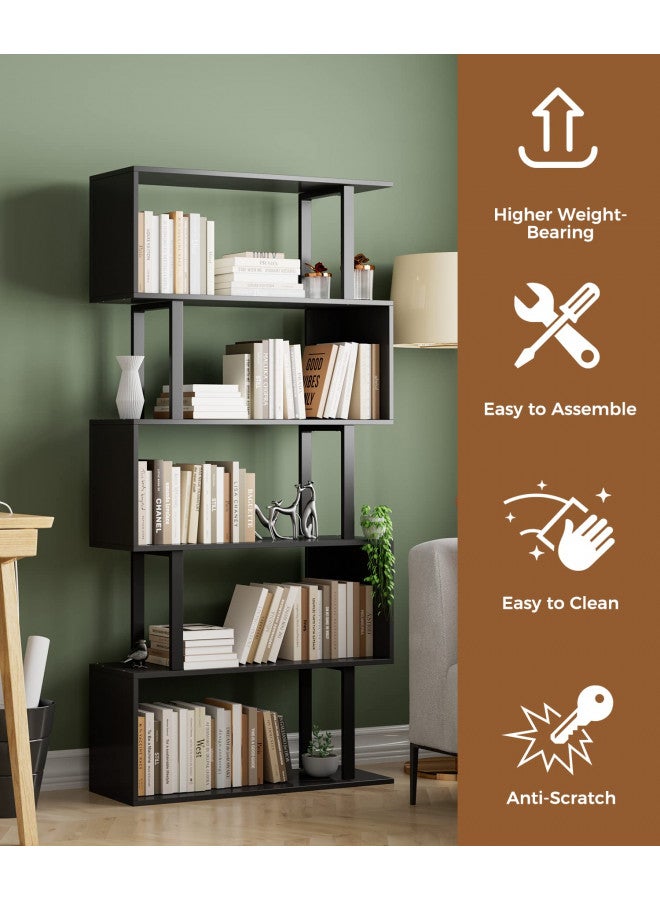 Gadroad Gadroad 5-Tier Geometric Bookcase,S Shaped Bookshelf, Wood Decorative Storage Shelving, Modern Freestanding Display Shelves, Tall Book Shelf Unit for Living Room Bedroom, Black  - Image 2