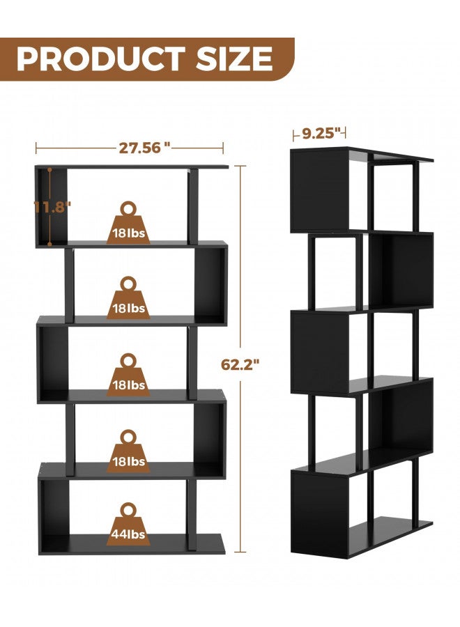 Gadroad Gadroad 5-Tier Geometric Bookcase,S Shaped Bookshelf, Wood Decorative Storage Shelving, Modern Freestanding Display Shelves, Tall Book Shelf Unit for Living Room Bedroom, Black  - Image 1