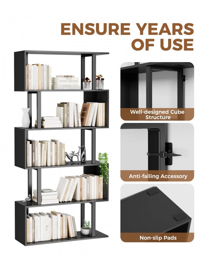 Gadroad Gadroad 5-Tier Geometric Bookcase,S Shaped Bookshelf, Wood Decorative Storage Shelving, Modern Freestanding Display Shelves, Tall Book Shelf Unit for Living Room Bedroom, Black  - Image 4