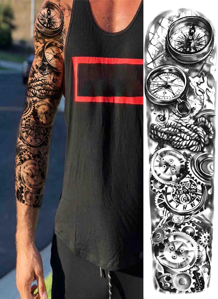 تاتو سليف كامل الذراع نسر أسود للرجال والنساء تاتو مؤقت واقعي مزيف بوصلة جيش مقاوم للماء ملصقات تاتو كبيرة